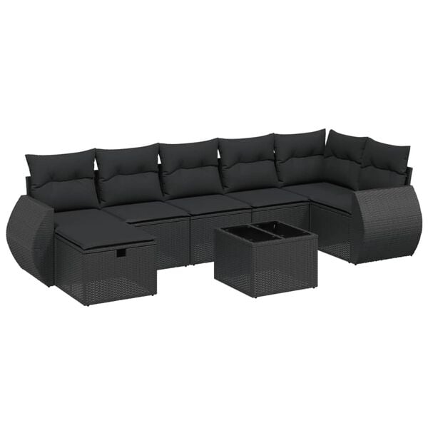 vidaXL 7-tlg. Garten-Sofagarnitur mit Kissen Schwarz Poly Rattan