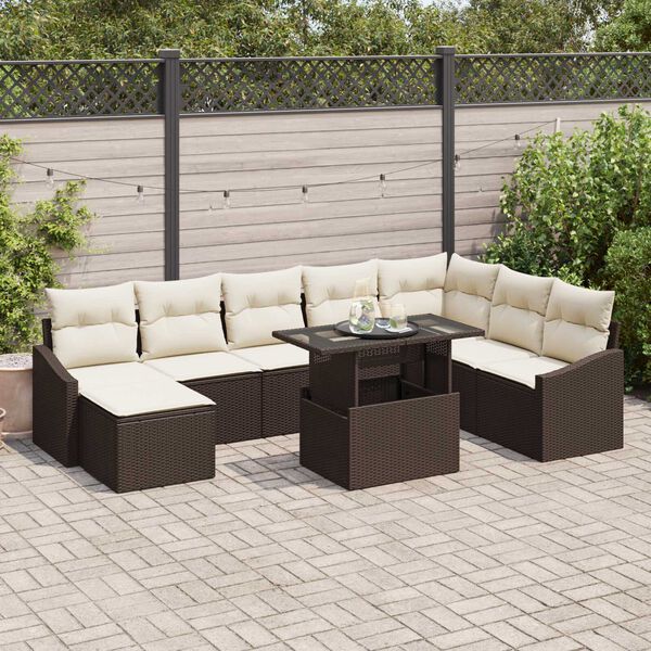 vidaXL Garten-Sofa-Set mit Kissen mit Speicher 9 pcs Braun und Creme