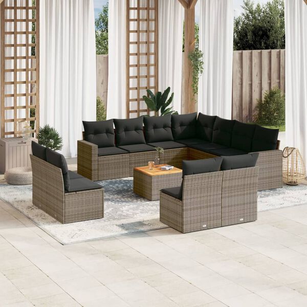 vidaXL 12-tlg. Garten-Sofagarnitur mit Kissen Grau Poly Rattan