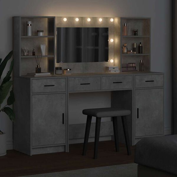 vidaXL Schminktischset mit LED mit T&uuml;r 3 pcs Beton Grau Holzwerkstoff