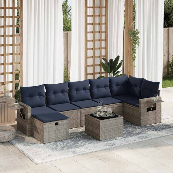 vidaXL 7-tlg. Garten-Sofagarnitur mit Kissen Grau Poly Rattan
