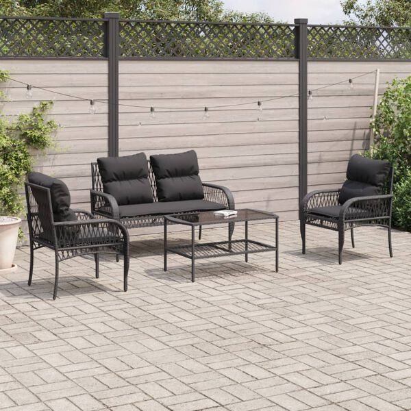 vidaXL 4-tlg. Garten-Sofagarnitur mit Kissen Schwarz Poly Rattan