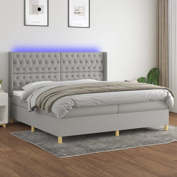 vidaXL Boxspringbett mit Matratze & LED Hellgrau 200x200 cm Stoff