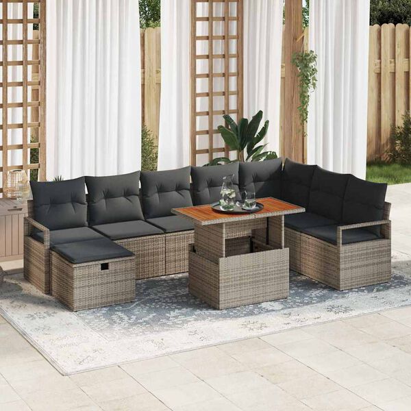 vidaXL Garten-Sofa-Set mit Kissen mit Speicher 9 pcs Grau Poly Rattan
