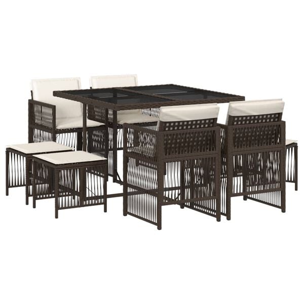 vidaXL 9-tlg. Garten-Essgruppe mit Kissen Braun Poly Rattan