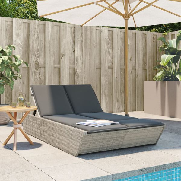 vidaXL Doppel-Sonnenliege mit Kissen Hellgrau Poly Rattan