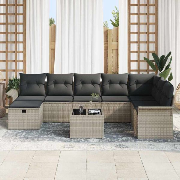 vidaXL Garten-Sofa-Set mit Kissen 9 pcs Hellgrau Poly Rattan
