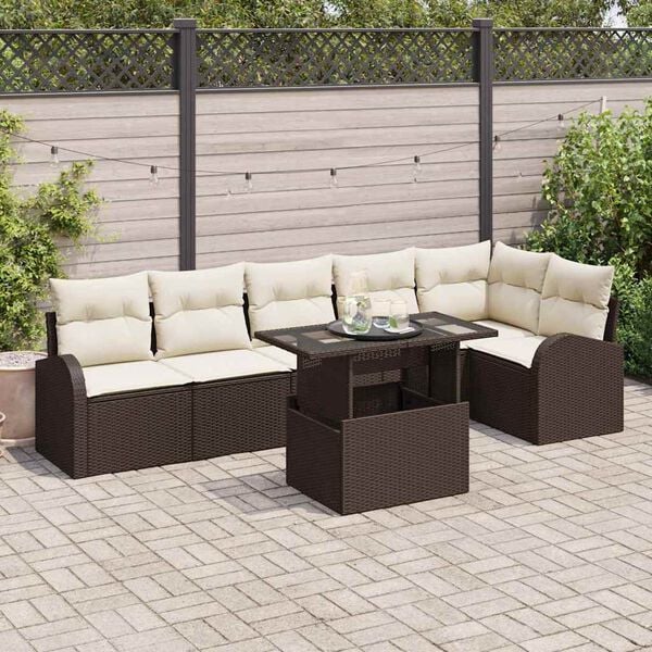 vidaXL Garten-Sofa-Set mit Kissen 7 pcs Braun und Creme Poly-Rattan