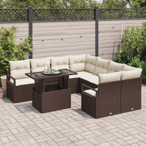 vidaXL Gartensofa-set mit Kissen mit Speicher 9 pcs Braun Poly Rattan