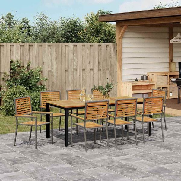 vidaXL Garten Essgruppe 9 pcs Grau und Natur Teak Poly-Rattan