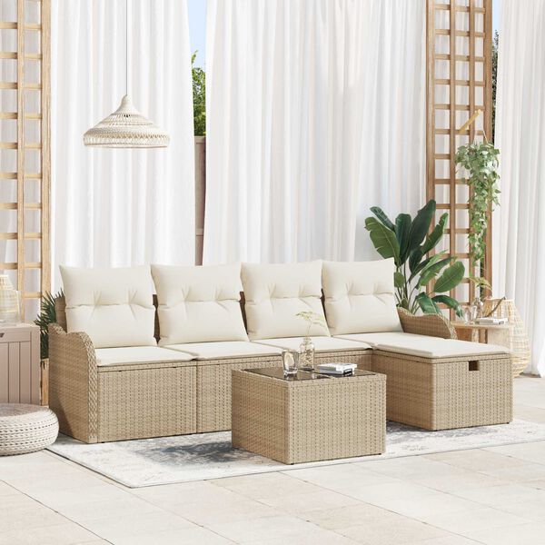 vidaXL Garten-Sofa-Set mit Kissen mit Speicher 6 pcs Beige Poly Rattan
