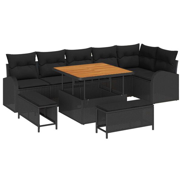 vidaXL Garten-Sofa-Set mit Kissen 9 pcs Schwarz Poly Rattan