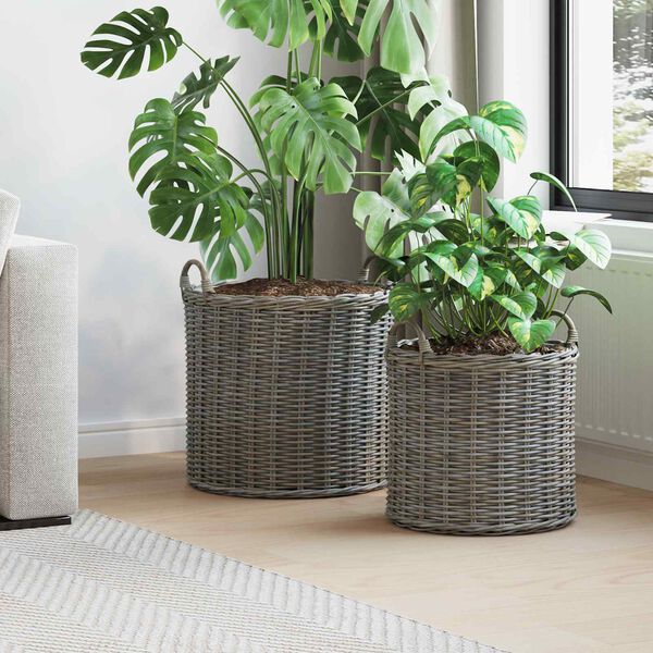 vidaXL Blumentopf K&ouml;rbchen mit Speicher 2 pcs Grau Lacak Rattan