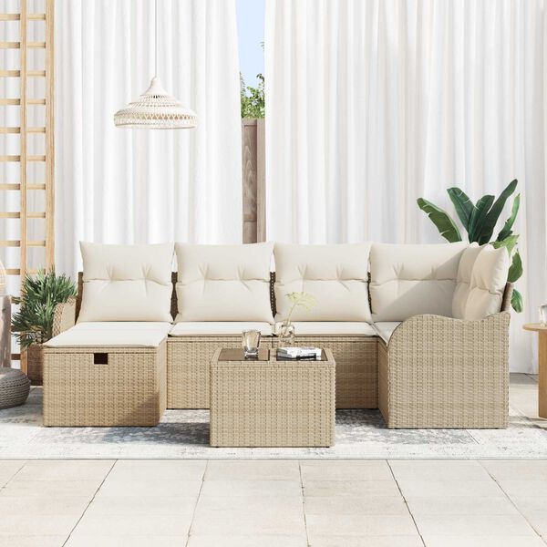 vidaXL Garten-Sofa-Set mit Kissen 7 pcs Beige und Creme Poly Rattan