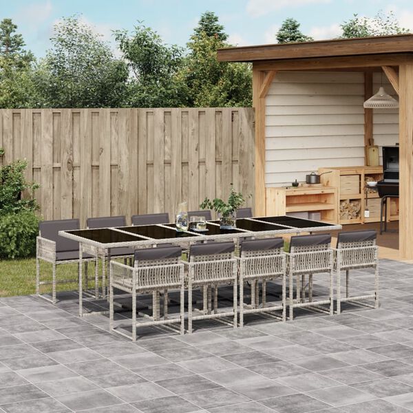 vidaXL 11-tlg. Garten-Essgruppe mit Kissen Hellgrau Poly Rattan