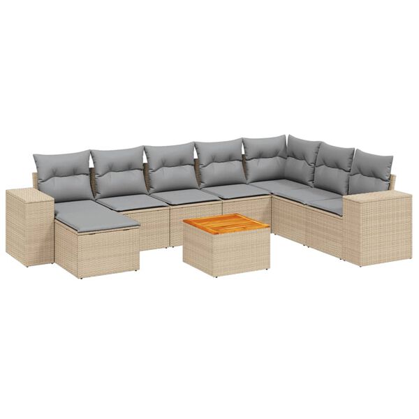 vidaXL 9-tlg. Garten-Sofagarnitur mit Kissen Beige Poly Rattan
