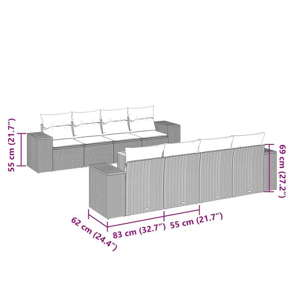 vidaXL 9-tlg. Garten-Sofagarnitur mit Kissen Schwarz Poly Rattan