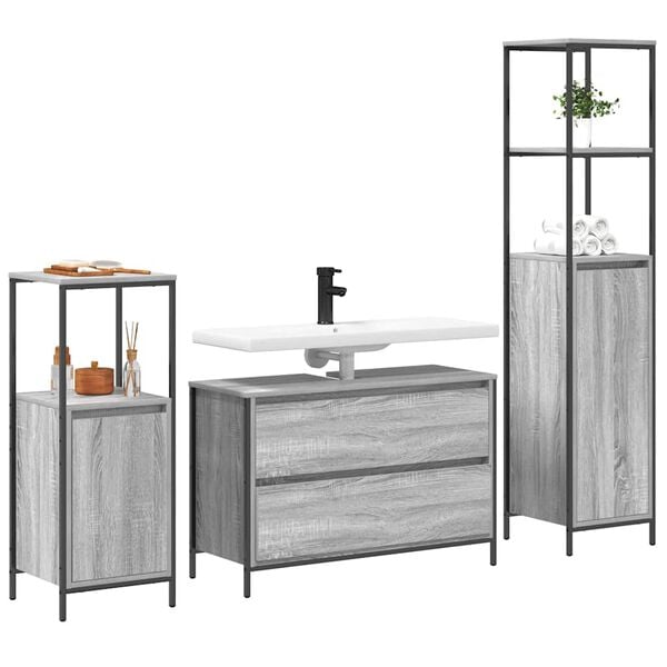 vidaXL Badezimmerm&ouml;bel-Set mit Regal 3 pcs Graues Sonoma Holzwerkstoff