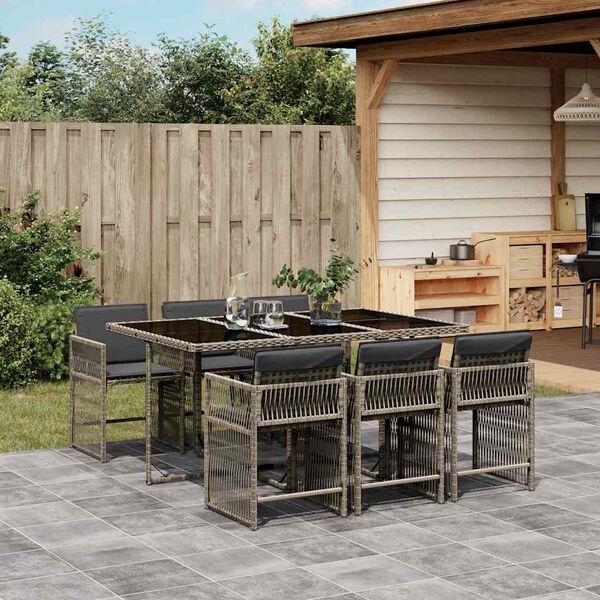vidaXL 7-tlg. Garten-Essgruppe mit Kissen Grau Poly Rattan