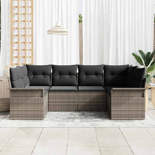 vidaXL Garten-Sofa-Set mit Kissen mit Speicher 6 pcs Grau Poly Rattan