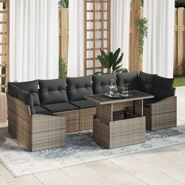 vidaXL Garten-Sofa-Set mit Kissen mit Speicher 8 pcs Grau Poly-Rattan