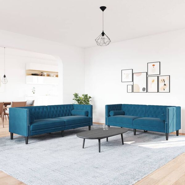 vidaXL 2-tlg. Chesterfield-Sofa-Set mit Nackenrollen Blau Samt