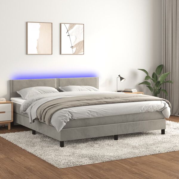 vidaXL Boxspringbett mit Matratze & LED Hellgrau 180x200 cm Samt