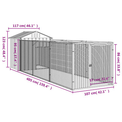 vidaXL Hundehütte mit Dach Hellgrau 117x405x123 cm Verzinkter Stahl