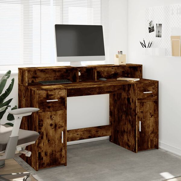 vidaXL LED-Schreibtisch R&auml;uchereiche 140x55x91 cm Holzwerkstoff