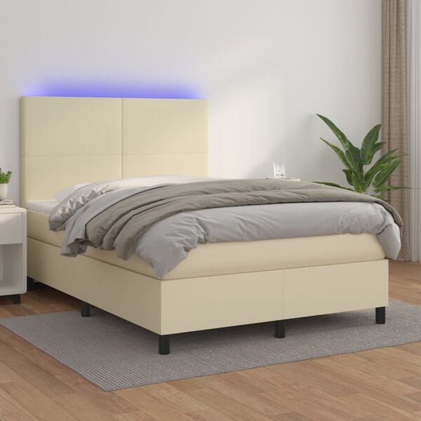 vidaXL Boxspringbett mit Matratze & LED Creme 140x190 cm Kunstleder