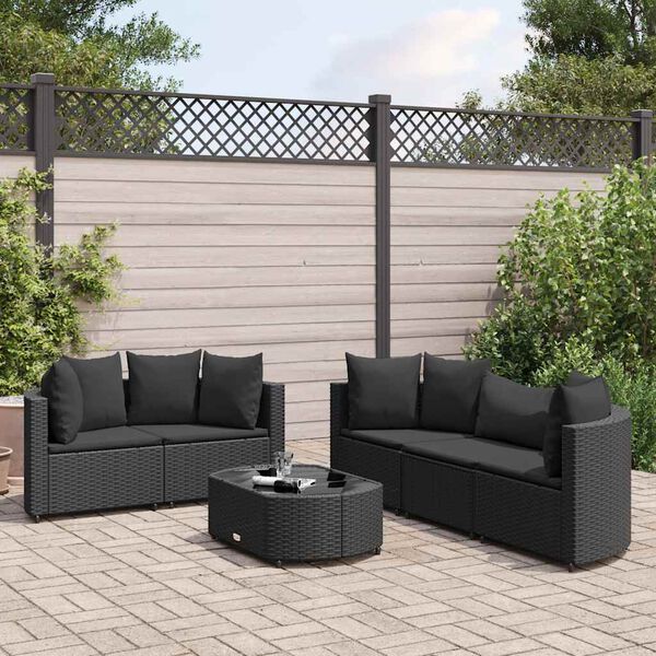 vidaXL 6-tlg. Garten-Sofagarnitur mit Kissen Schwarz Poly Rattan
