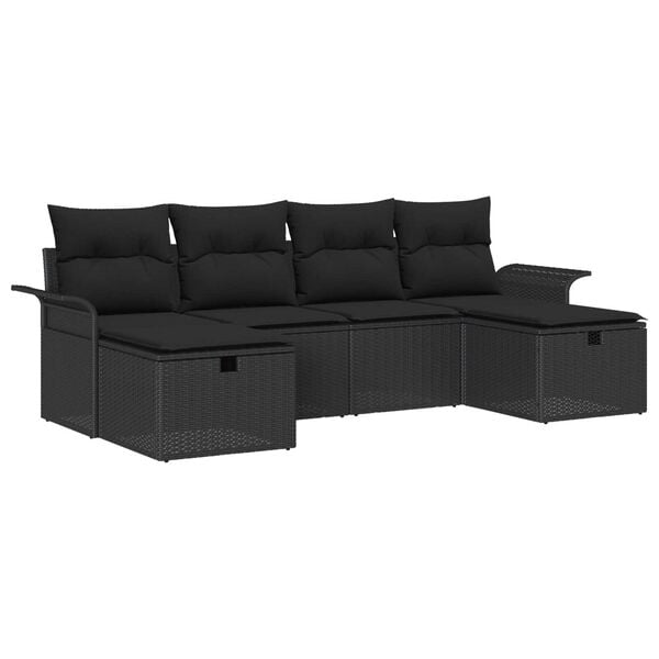 vidaXL Garten-Sofa-Set mit Kissen 6 pcs Schwarz Poly Rattan