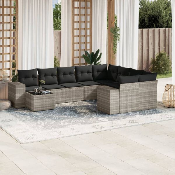 vidaXL 10-tlg. Garten-Sofagarnitur mit Kissen Hellgrau Poly Rattan