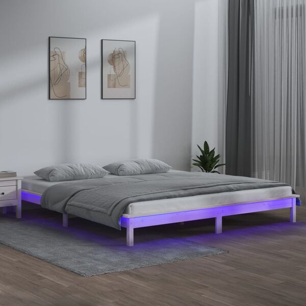 vidaXL Massivholzbett mit LEDs Wei&szlig; 140x190 cm