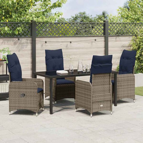 vidaXL Tisch- und Stuhlset mit Kissen 5 pcs Grau PE-Rattan