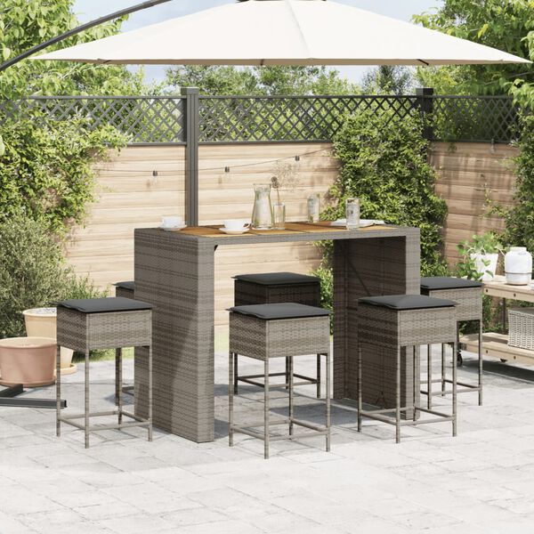 vidaXL 7-tlg. Gartenbar-Set mit Kissen Grau Poly Rattan