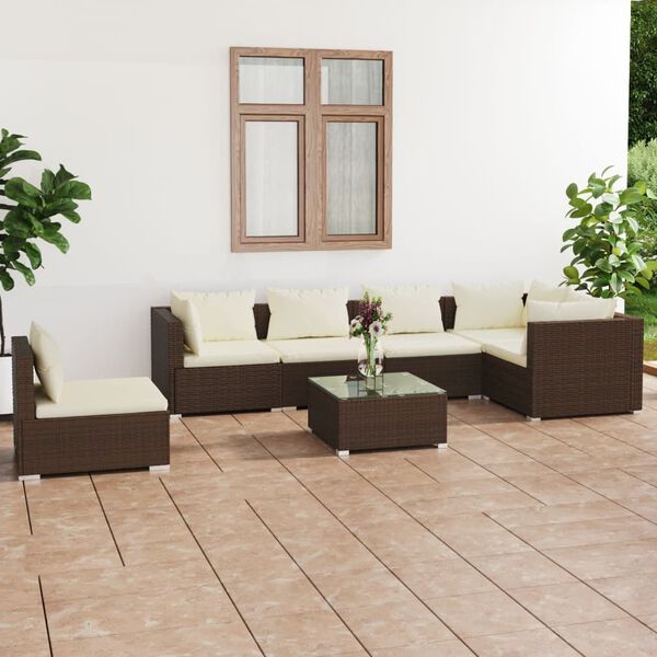 vidaXL 7-tlg. Garten-Lounge-Set mit Kissen Poly Rattan Braun
