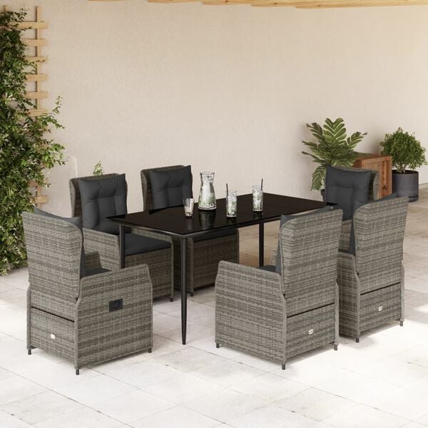 vidaXL 7-tlg. Garten-Essgruppe mit Kissen Grau Poly Rattan