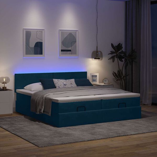 vidaXL Ottoman-Bett mit Matratzen & LEDs Dunkelblau 180x200 cm Samt