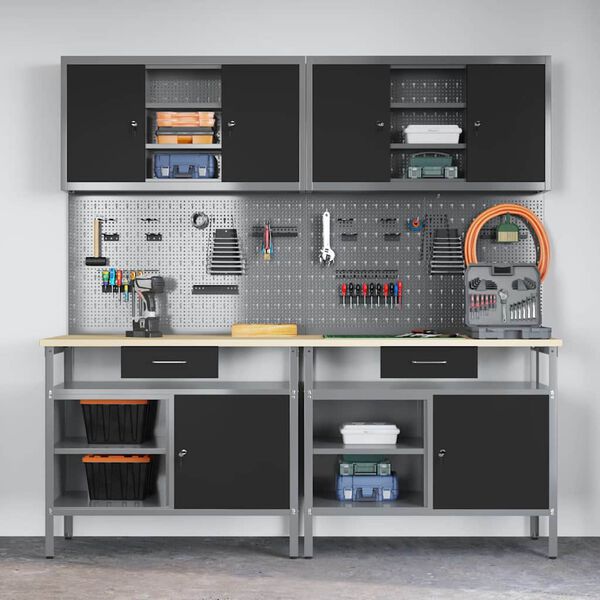 vidaXL Werkbank-Set mit Regal 8 pcs Schwarz 200 x 55 x 200 cm Stahl