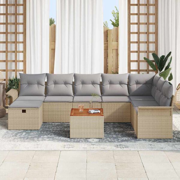 vidaXL Gartensofa-set mit Kissen mit Speicher 9 pcs Beige Poly Rattan