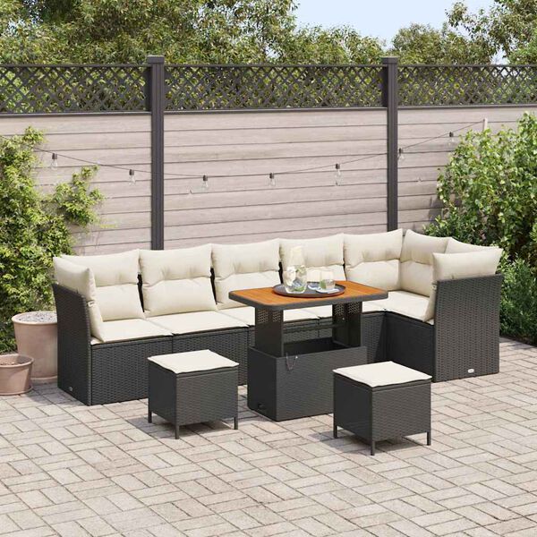 vidaXL Garten-Sofa-Set mit Kissen mit Speicher 9 pcs Schwarz und Creme