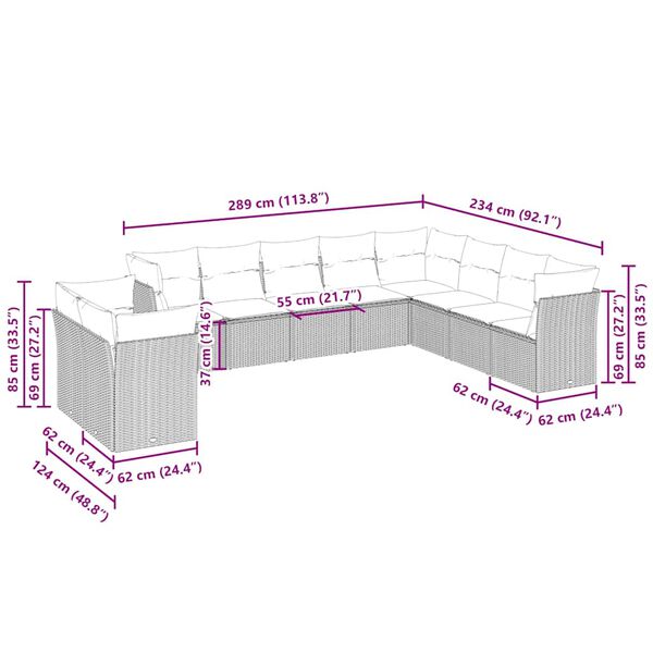 vidaXL 10-tlg. Garten-Sofagarnitur mit Kissen Hellgrau Poly Rattan