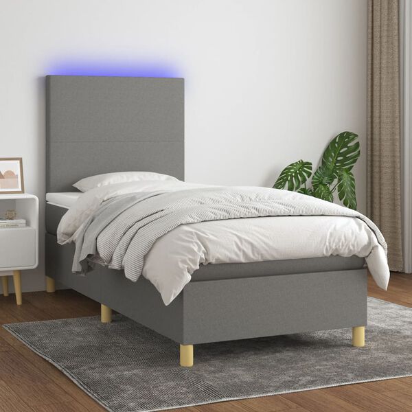 vidaXL Boxspringbett mit Matratze & LED Dunkelgrau 90x190 cm Stoff