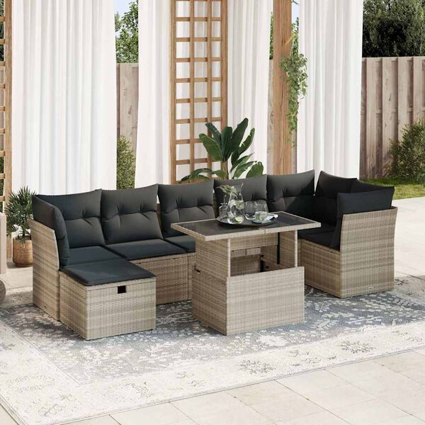 vidaXL 8-tlg. Garten-Sofagarnitur mit Kissen Hellgrau Poly Rattan