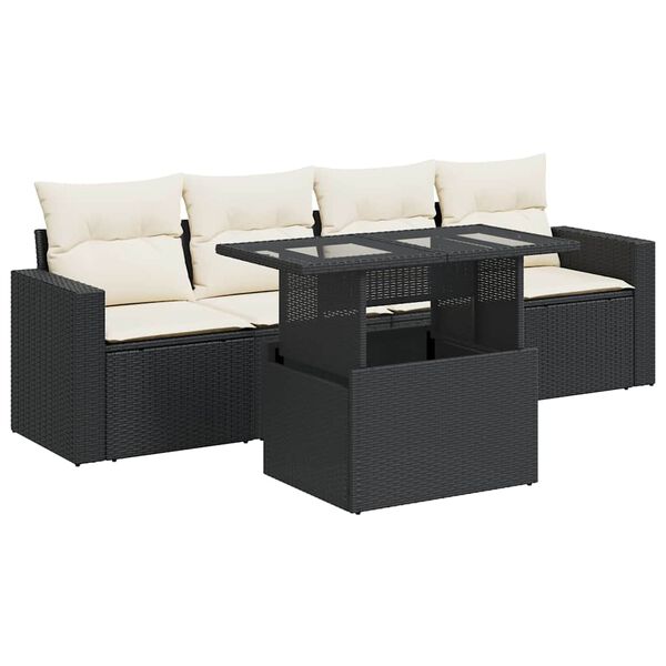 vidaXL 5-tlg. Garten-Sofagarnitur mit Kissen Schwarz Poly Rattan