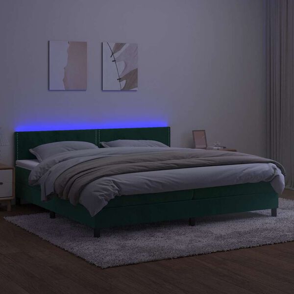 vidaXL Boxspringbett mit Matratze & LED Dunkelgr&uuml;n 200x200 cm Samt