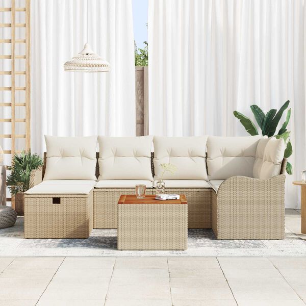 vidaXL Gartensofa-set mit Kissen mit Speicher 7 pcs Beige Poly Rattan