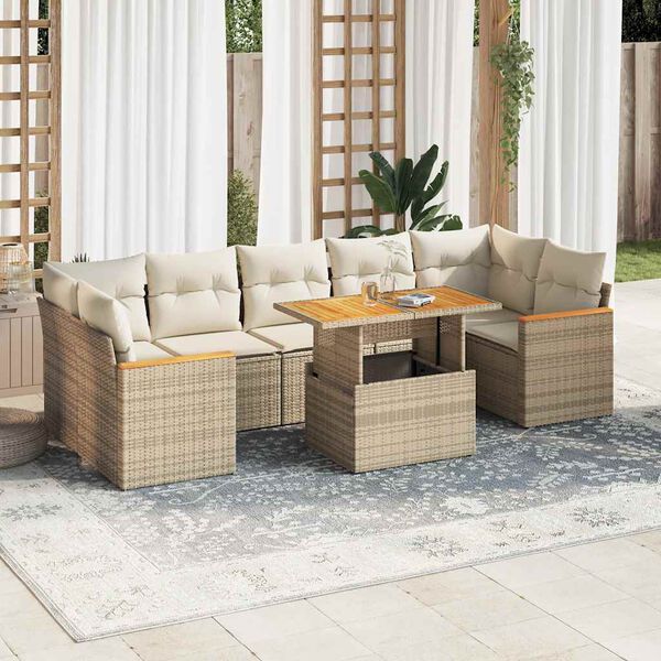 vidaXL 8-tlg. Garten-Sofagarnitur mit Kissen Beige Poly Rattan Akazie