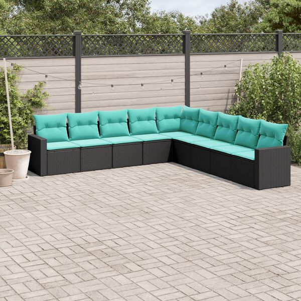 vidaXL 9-tlg. Garten-Sofagarnitur mit Kissen Schwarz Poly Rattan